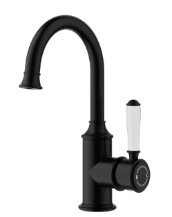 Clasico Basin Mixer Gooseneck Matt Black / Ceramic Handle